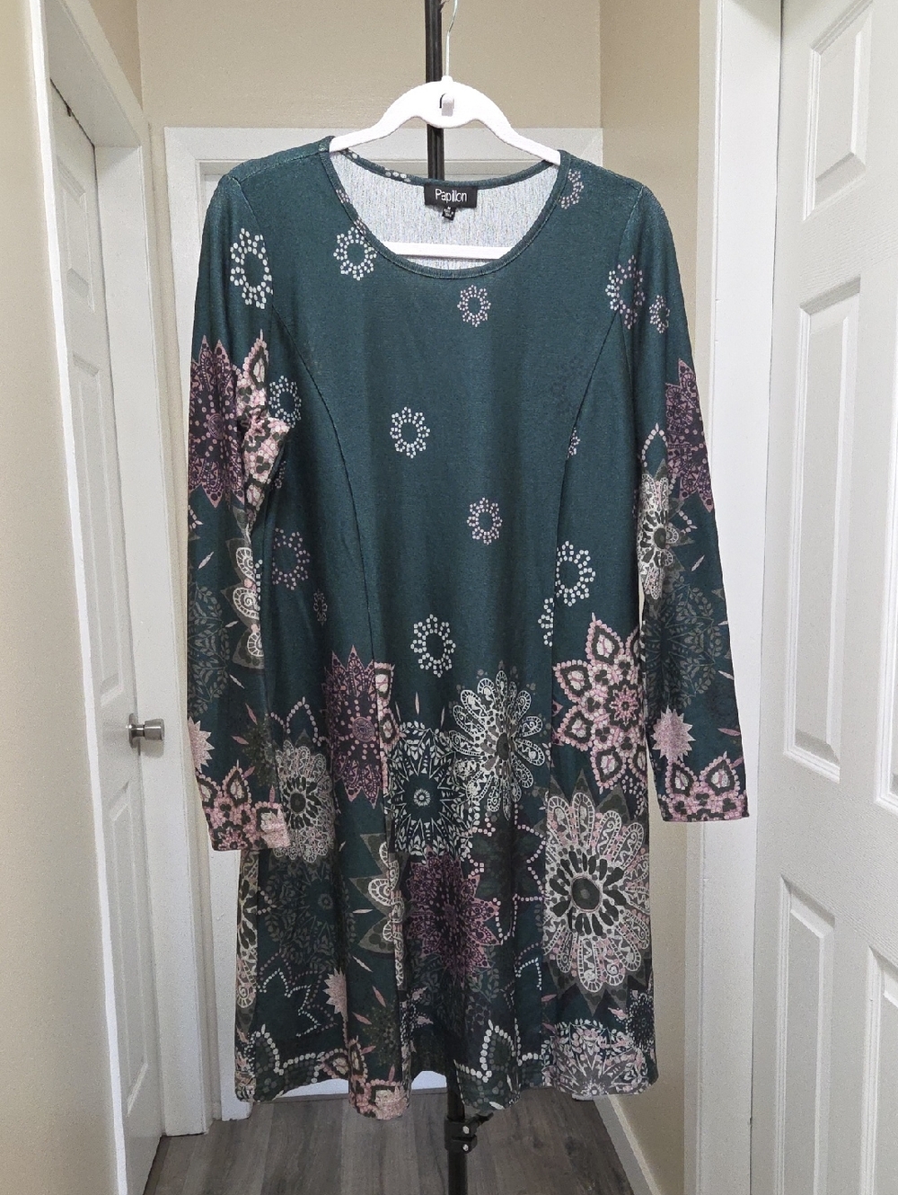 Nwt Papillon Blanc Teal Floral Long-Sleeve Swing Dress